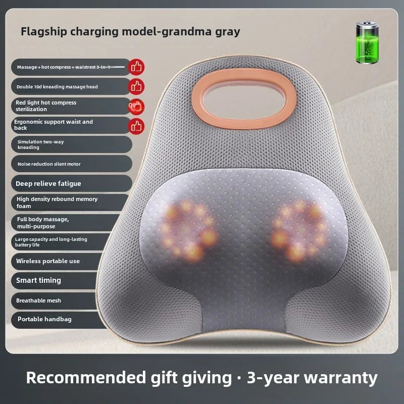 JAIYORL Rechargeable Shiatsu Portable Massager, Massage Cushion for Neck, Shoulder, Back, with Rotating Heads Heat