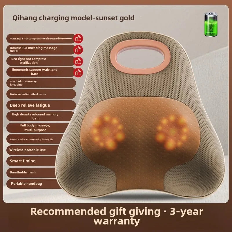 JAIYORL Rechargeable Shiatsu Portable Massager, Massage Cushion for Neck, Shoulder, Back, with Rotating Heads Heat